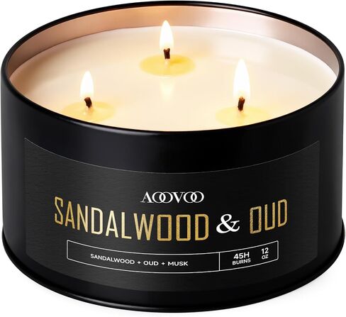 AOOVOO Mahogany Teakwood Candles for Men - 3 Wick 12oz Large Scented Candle, Long Lasting Soy Candles for Home Scented, Strong Fragranced Masculine Black Candle Gift for Father Day, Women & Men in Kuwait