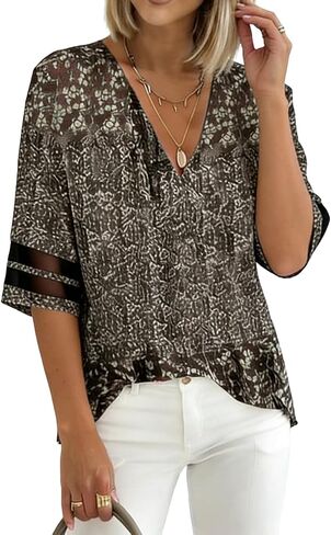 V Neck Blouses for Women Dressy 3/4 Sleeve Mesh Tees Shirts Summer Loose Business Work Casual Top in Saudi Arabia