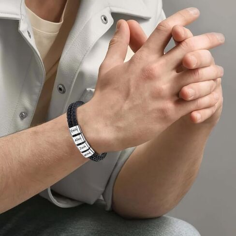 Ultragifta أساور جلدية شخصية للرجال هدية أبي لعيد الأب سوار رجالي مخصص مع 1-5 حبات مخصصة محفورة اسم مضفر أساور هدية للزوج صديقها in Kuwait