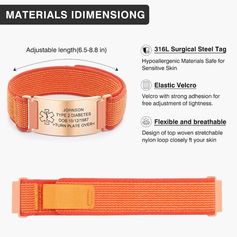 Personalized Nylon Trail Loop Elastic Sport Bracelet with Laser-Engraved Medical Alert ID Tag and Adjustable Hook-and-Loop Closure, Custom Safety Gift for Men and Women in Saudi Arabia