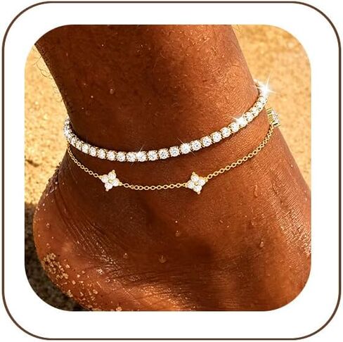 2 PCS Gold/Silver Ankle Bracelets for Women 14K Gold Plated Anklet Set Non Tarnish Waterproof Adjustable Dainty Stackable Layered Hypoallergenic Beach Essentials Summer Jewelry Gift in Saudi Arabia