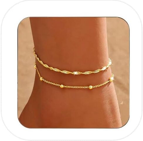 Nanafast 14K Gold Plated Anklet Set for Women – Dainty Twisted Chain & Beaded Ankle Bracelets, Summer Beach Foot Jewelry in Kuwait