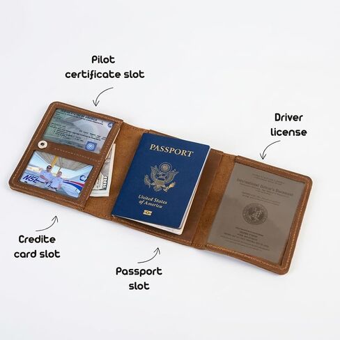 Leather Pilot Document Wallet - Pilot License Holder & Flight Document Organizer, Genuine Crazy Horse Leather Travel Wallet, Compact Aviation Passport Holder for Pilots, Warm Brown in Saudi Arabia