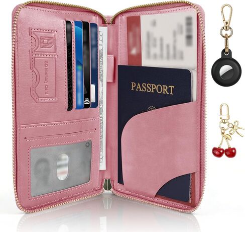 RFID Blocking Passport Wallet, Anti Theft PU Leather Passport Pouch with Tracker Case, Travel Document Organizer Zipper Wallet with Wrist Strap, Gifts for Women and Men (Pink) in Saudi Arabia