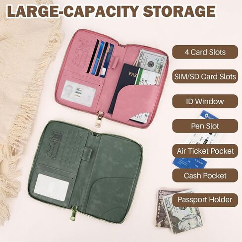 RFID Blocking Passport Wallet, Anti Theft PU Leather Passport Pouch with Tracker Case, Travel Document Organizer Zipper Wallet with Wrist Strap, Gifts for Women and Men (Pink) in Saudi Arabia