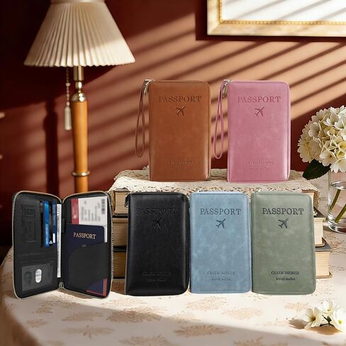 RFID Blocking Passport Wallet, Anti Theft PU Leather Passport Pouch with Tracker Case, Travel Document Organizer Zipper Wallet with Wrist Strap, Gifts for Women and Men (Pink) in Saudi Arabia