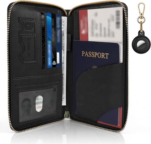 RFID Blocking Passport Wallet, Anti Theft PU Leather Passport Pouch with Tracker Case, Travel Document Organizer Zipper Wallet with Wrist Strap, Gifts for Women and Men (Pink) in Saudi Arabia
