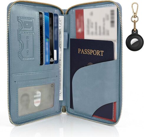 RFID Blocking Passport Wallet, Anti Theft PU Leather Passport Pouch with Tracker Case, Travel Document Organizer Zipper Wallet with Wrist Strap, Gifts for Women and Men (Pink) in Saudi Arabia