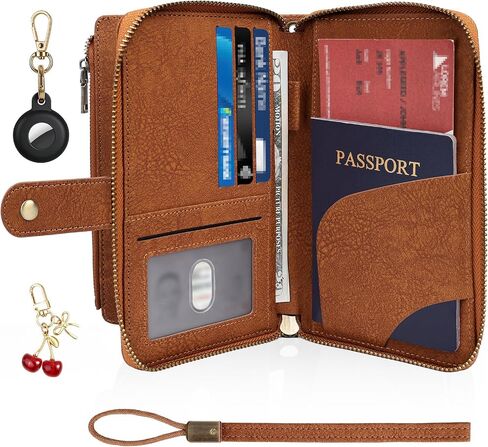 RFID Blocking Passport Wallet, Anti Theft PU Leather Passport Pouch with Tracker Case, Travel Document Organizer Zipper Wallet with Wrist Strap, Gifts for Women and Men (Pink) in Saudi Arabia