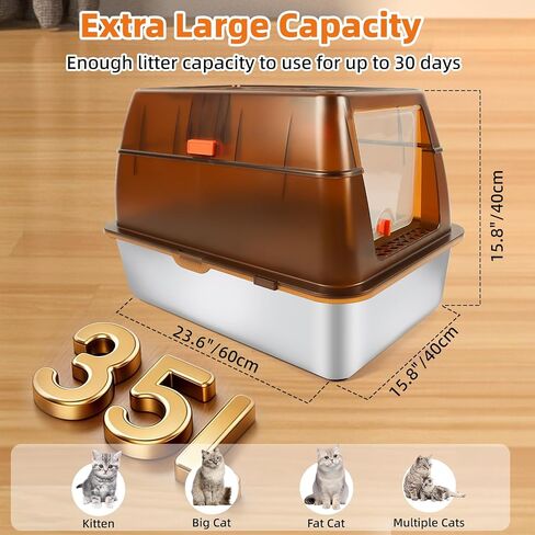 Semi-Enclosed Stainless Steel Cat Litter Box, Extra Large Litter Box for Big Cats, High Sided Metal Litter Pan with Scoop, Odors Control, Anti-Urine Leakage, Easy Cleaning in Kuwait