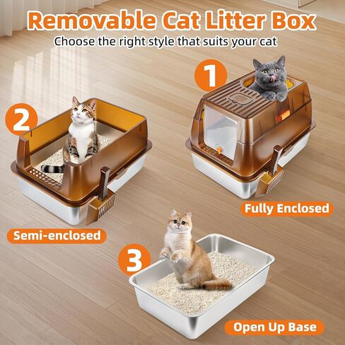 Semi-Enclosed Stainless Steel Cat Litter Box, Extra Large Litter Box for Big Cats, High Sided Metal Litter Pan with Scoop, Odors Control, Anti-Urine Leakage, Easy Cleaning in Kuwait