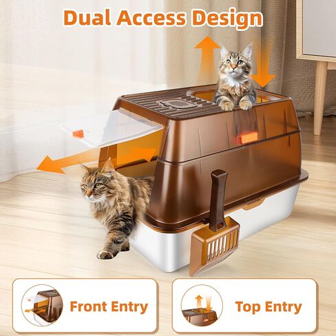 Semi-Enclosed Stainless Steel Cat Litter Box, Extra Large Litter Box for Big Cats, High Sided Metal Litter Pan with Scoop, Odors Control, Anti-Urine Leakage, Easy Cleaning in Kuwait