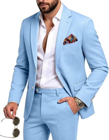 MOGU Men's Linen Suit 2 Piece Solid Mens Beach Wear Casual Slim Fit Suits Jacket and Pants for Summer Groom Wedding in Kuwait
