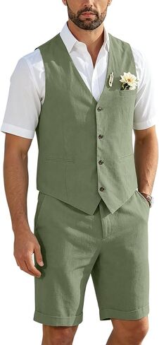 Mens Shorts Suits Linen 2 Piece Vest Shorts Suits Set for Mens Casual Summer Wedding Suit Men Beach Groomsman Suit in Saudi Arabia
