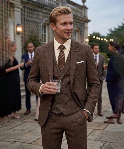 Tweed Herringbone Suit for Men Wool Suits Retro Mens 3 Piece Slim Fit Blazer Jacket Vest Pants Tuxedo Set for Groomsmen Prom in Saudi Arabia