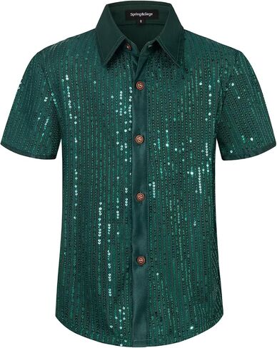 Spring&Gege Boys' Sequin Shiny Button Down Shirt Short Sleeve Sparkle Glitter Dance Disco Outfit (5-14 Years) in Kuwait