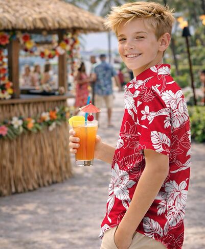 Weecreeture Boys Hawaiian Shirt Kids Tropical Aloha Shirt Button Down Short Sleeve Beach Summer Luau Party Shirt 7-14 in Kuwait