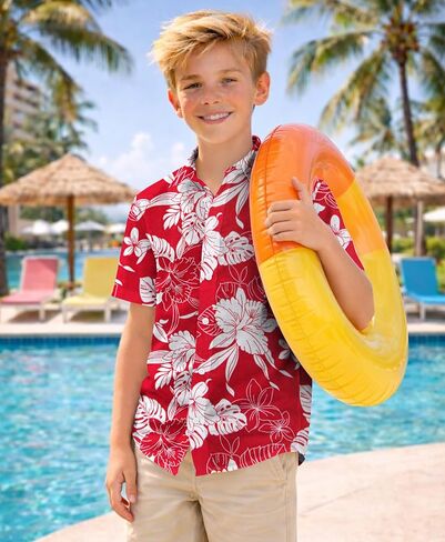 Weecreeture Boys Hawaiian Shirt Kids Tropical Aloha Shirt Button Down Short Sleeve Beach Summer Luau Party Shirt 7-14 in Kuwait