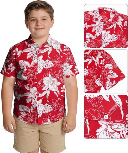 Weecreeture Boys Hawaiian Shirt Kids Tropical Aloha Shirt Button Down Short Sleeve Beach Summer Luau Party Shirt 7-14 in Kuwait