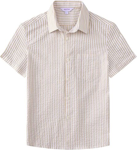 Boys Linen Shirts Casual Button Down Shirt Short Sleeve Solid Button Up Shirt with Pocket for Kids in Kuwait