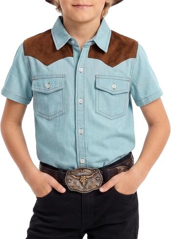 YesFashion Boys Western Cowboy Shirt Short Sleeve Denim Cotton Button Down Shirts with Suede Shoulder in Kuwait