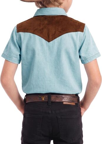 YesFashion Boys Western Cowboy Shirt Short Sleeve Denim Cotton Button Down Shirts with Suede Shoulder in Kuwait