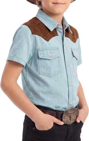 YesFashion Boys Western Cowboy Shirt Short Sleeve Denim Cotton Button Down Shirts with Suede Shoulder in Kuwait