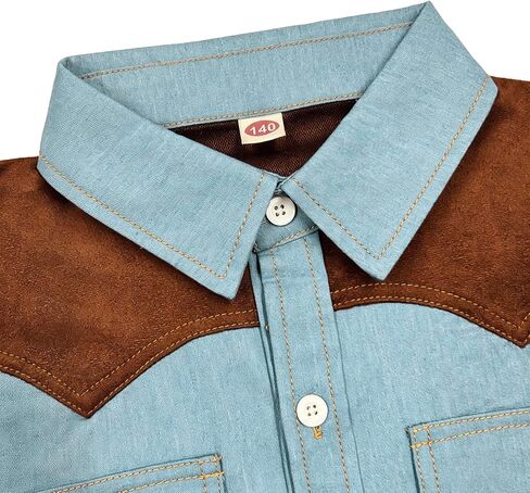 YesFashion Boys Western Cowboy Shirt Short Sleeve Denim Cotton Button Down Shirts with Suede Shoulder in Kuwait