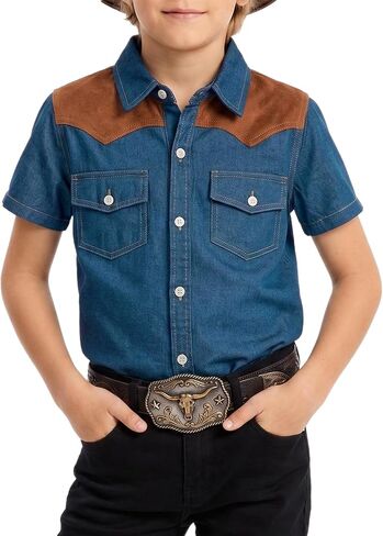YesFashion Boys Western Cowboy Shirt Short Sleeve Denim Cotton Button Down Shirts with Suede Shoulder in Kuwait