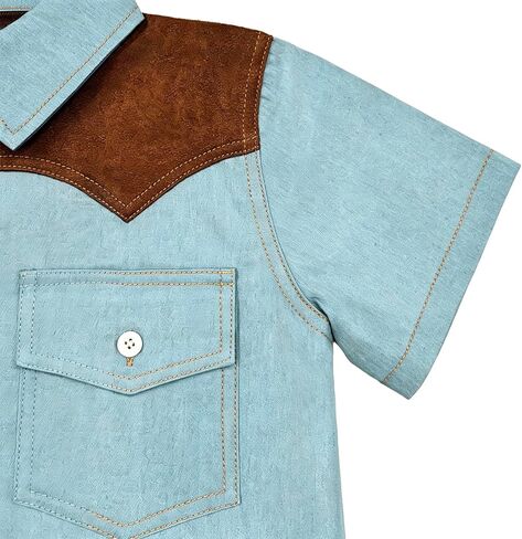 YesFashion Boys Western Cowboy Shirt Short Sleeve Denim Cotton Button Down Shirts with Suede Shoulder in Kuwait