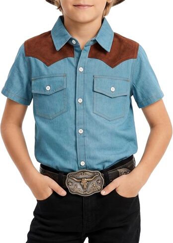 YesFashion Boys Western Cowboy Shirt Short Sleeve Denim Cotton Button Down Shirts with Suede Shoulder in Kuwait