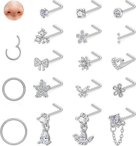 BSJ4U Gold Silver Septum and Nose Ring Set - Stainless Steel Hypoallergenic 16G Septum Rings 20G L Shaped Corkscrew Nose Rings Studs for Women Pink CZ Heart Butterfly Flower Bow Dangle Nose Piercing Jewelry in Saudi Arabia