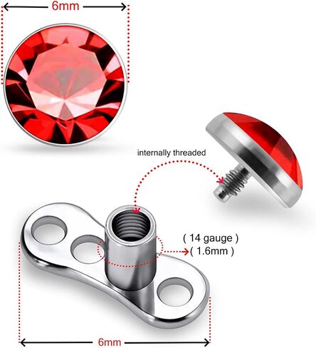 6mm Round Crystal Stone 316L Surgical Steel Top with G23 Grade Titanium Internally Micro Dermal Anchor Drivers - Surface - Skin Piercing in Kuwait