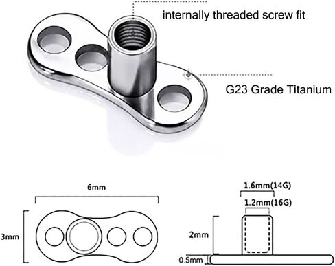 6mm Round Crystal Stone 316L Surgical Steel Top with G23 Grade Titanium Internally Micro Dermal Anchor Drivers - Surface - Skin Piercing in Kuwait