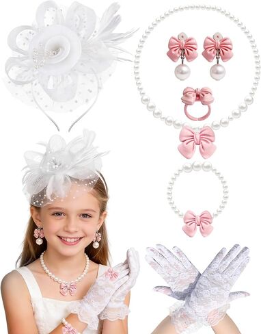 Girls Tea Party Fascinators Hats Set Tea Party Headband Lace Glove Pearl Necklace Set for Tea Party Wedding Accessories in Saudi Arabia