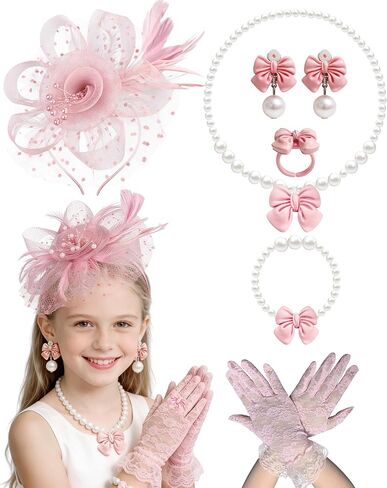 Girls Tea Party Fascinators Hats Set Tea Party Headband Lace Glove Pearl Necklace Set for Tea Party Wedding Accessories in Saudi Arabia