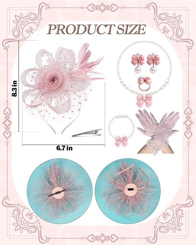 Girls Tea Party Fascinators Hats Set Tea Party Headband Lace Glove Pearl Necklace Set for Tea Party Wedding Accessories in Saudi Arabia