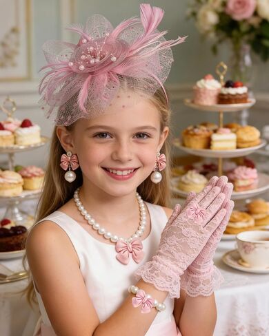 Girls Tea Party Fascinators Hats Set Tea Party Headband Lace Glove Pearl Necklace Set for Tea Party Wedding Accessories in Saudi Arabia