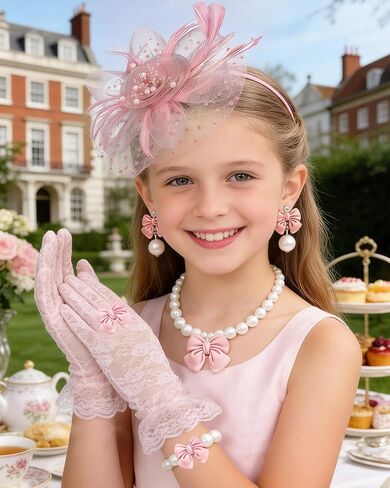 Girls Tea Party Fascinators Hats Set Tea Party Headband Lace Glove Pearl Necklace Set for Tea Party Wedding Accessories in Saudi Arabia