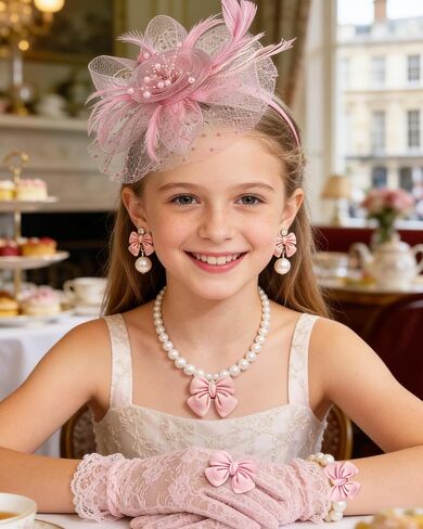 Girls Tea Party Fascinators Hats Set Tea Party Headband Lace Glove Pearl Necklace Set for Tea Party Wedding Accessories in Saudi Arabia