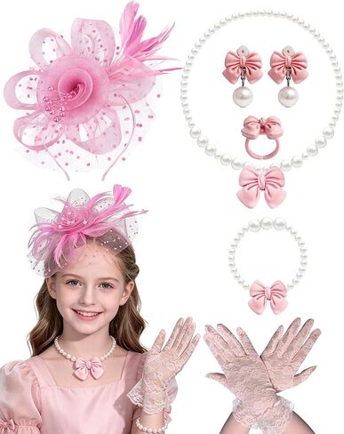 Girls Tea Party Fascinators Hats Set Tea Party Headband Lace Glove Pearl Necklace Set for Tea Party Wedding Accessories in Saudi Arabia