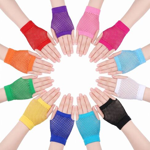 JJUNW 12 Pairs Fishnet Gloves, Short Neon Mesh Gloves Assorted Coloful Fishnet Arm Sleeves Accessories 80s 90s for Halloween Cosplay Scene Theme Parties in Kuwait