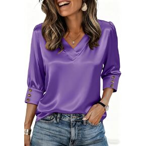 3/4 Length Sleeve Womens Tops Dressy Casual Silk Satin Blouses V Neck Business Work Shirts in Saudi Arabia