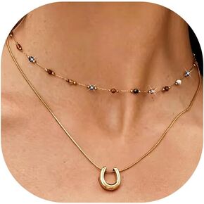Boho Layered Necklaces for Women Colorful Beaded Choker Gold Irregular Oval Pendant Set Trendy Minimalist Snake Chain Dainty 14K Gold Plated Stacked Necklaces Jewelry in Saudi Arabia