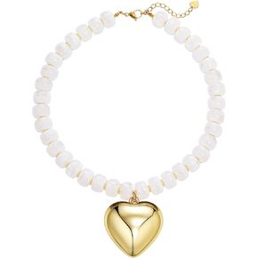 Faux Gemstone Resin Chunky Necklaces for Women, Trendy Beaded Puffy Gold Heart Pendant Statement Choker, Lightweight Boho Y2K Summer Beach Jewelry Mothers Day Gift for Her in Saudi Arabia