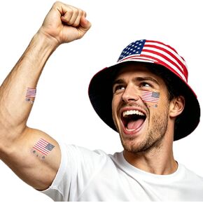 Reversible Patriotic Bucket Hat with Temporary Tattoos, Lightweight Packable Sun Hat for Festivals, Game Day & Outdoor Events in Saudi Arabia