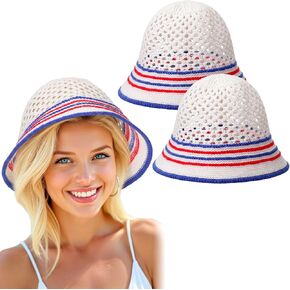 Unittype 2 Pcs Patriotic Bucket Hat 4th of July Decoration Red White Blue Crochet Fisherman Hat Sun Caps for Independence Day in Kuwait
