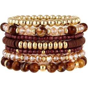 LOTSOF Boho Multilayer Beaded Bracelets Set for Women - Vintage Gold & Brown Stackable Stretch Bracelets, Bohemian Handmade Jewelry for Daily Style & Gifting in Saudi Arabia