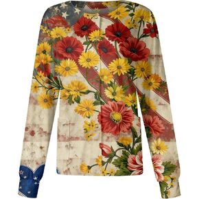 Patriotic 4th of July Women's Nurse Scrub Top American Flag Print Scrub Jacket Long Sleeve Button-Up Nurse Jacket in Saudi Arabia