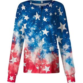250 Anniversary USA Patriotic Women's Scrub Jacket Flag Print Long Sleeve Button-Up Nurse Uniforms with Pockets in Saudi Arabia